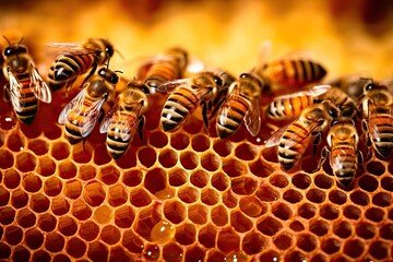 Honeybees working diligently inside their hive, meticulously crafting honeycomb cells filled with glistening. Worker bees. Generative ai