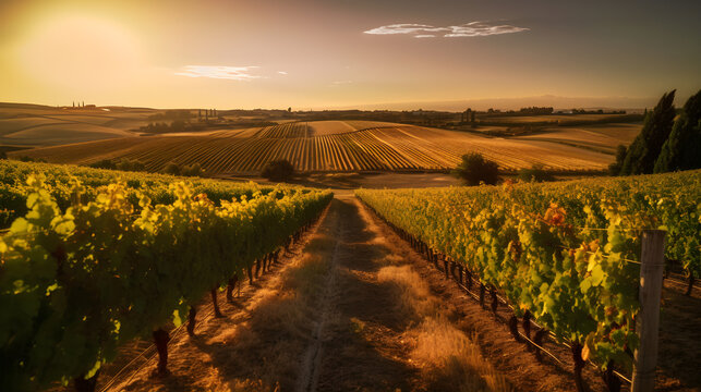 "Vineyard at Sunset": A stunning vineyard at sunset, with rows of grapevines bathed in a warm, golden light.