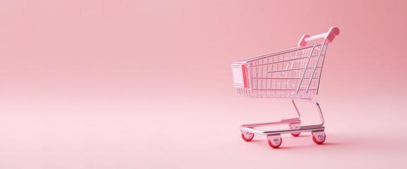Generative AI, pink shopping cart on pink background, minimalistic shop online, free delivery, discounts and sale concept.