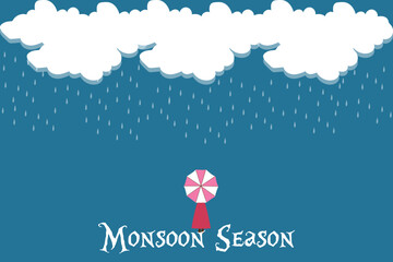 Monsoon season background with woman holding an umbrella in the rain on a rainy day.
