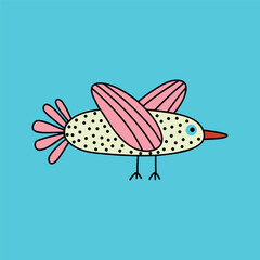 A bright card with a bird, Modern flat illustration in a trendy doodle style
