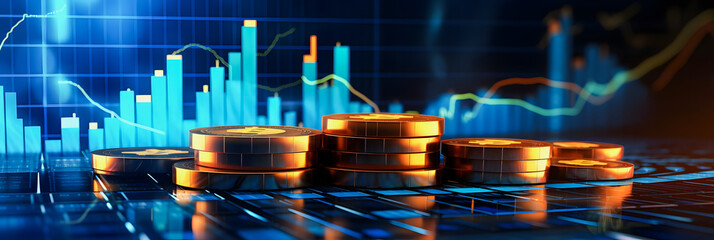 Investment and Market Insights: 3D Coin Background with Finance Graph and Currency Reports