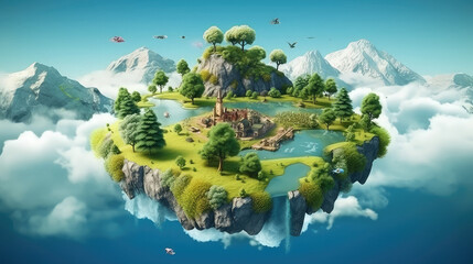 Floating island with lake and beautiful landscape. 3d illustration of flying land green forest with trees, mountains, animals, water isolated with clouds