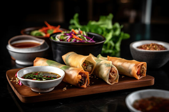 Image of spring rolls on the plate with dipping sauce served as an appetizer.