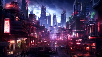 Plakat Night city Cyberpunk landscape concept. Generative AI