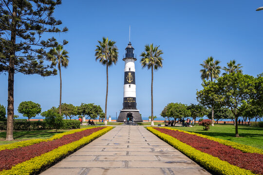 Lima, Peru - May 28, 2022. View of a sunny day in the Marina lighthouse in Miraflores neighborhood, Peru
