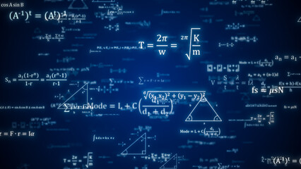 Abstract Physics equation concept, Mathematics calculation, Sciences formula, arithmetic and handwritten geometry symbol, typewriting study on blue background, 3d rendering - 610296219