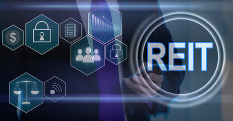 Fototapeta premium virtual touch screen abbreviation: REIT. Mutual Fund and investment, property, manager, broker, investor and return.