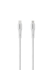 White cable for charging and synchronization with Type - C, USB, Micro USB, Lightning connectors on a white background