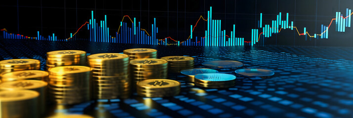 Financial Success Illustration: 3D Coin Background with Blue Finance Graph and Investment Bar