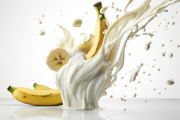 Bananas Falling Into Yogurt On White Background. Generative AI