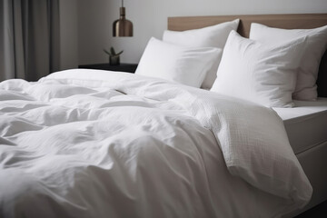 Fototapeta na wymiar Bed With White Linens Closeup. Generative AI