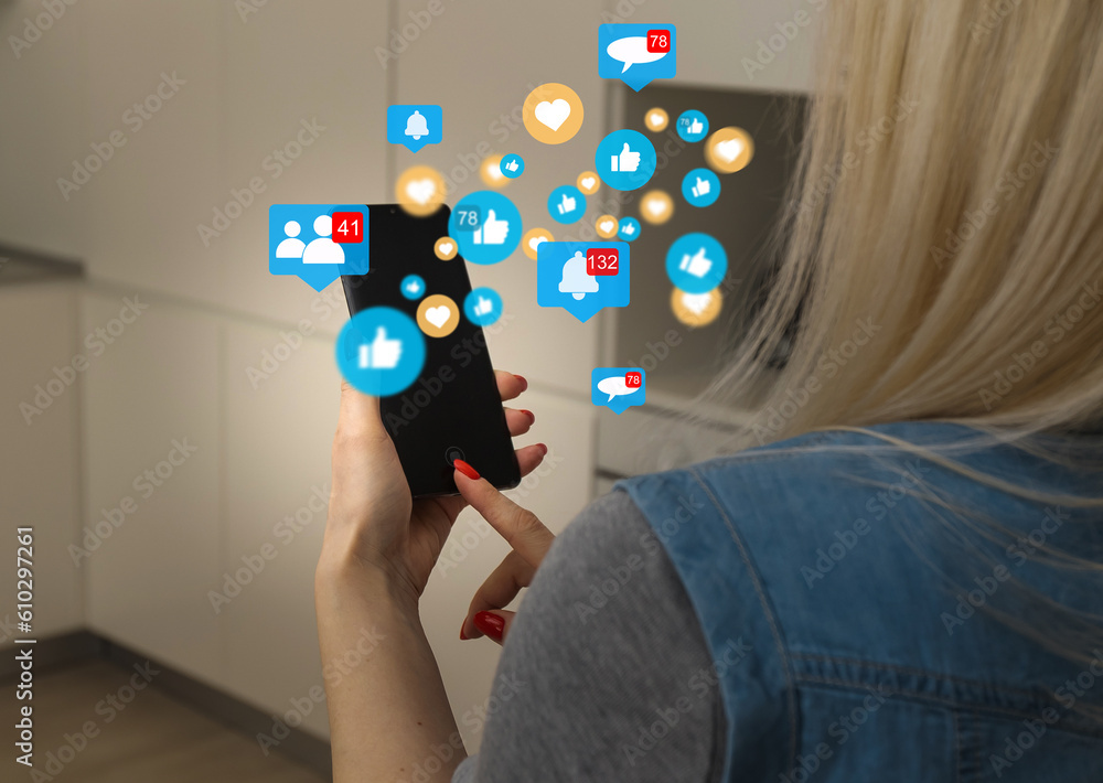 Poster woman use smartphone online to social network, touchscreen device connecting to global cyber net, di