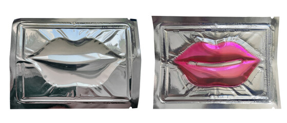 Lip collagen mask isolated. Hydrogel lips patch in transparent disposable sachet. Korean cosmetics. Cosmetology and skin care.