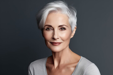 Portrait of mature woman with short grey hair, Generative AI