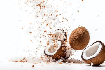 Coconut Pieces Flying On White Background, Floating In The Air. Generative AI