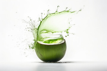 Green Coconut Juice Flying On White Background, Floating In The Air. Generative AI