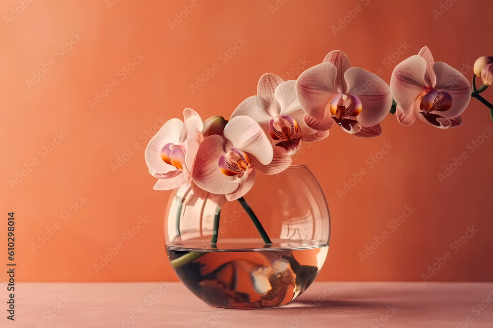 Poster orchid flowers in vase on blush color background with empty space. generative ai