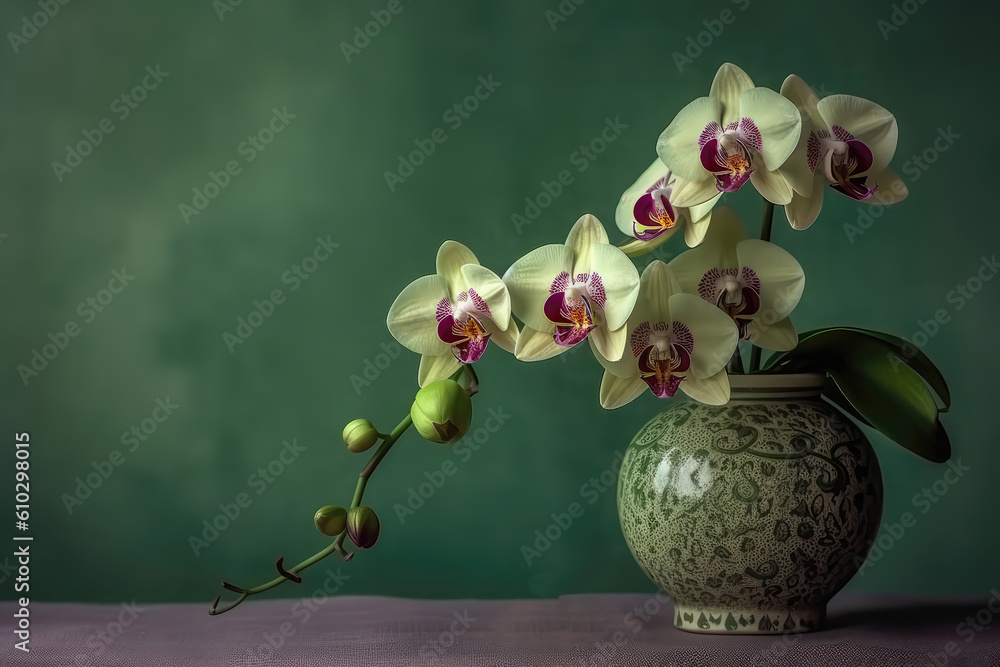 Poster orchid flowers in vase on green background with empty space. generative ai
