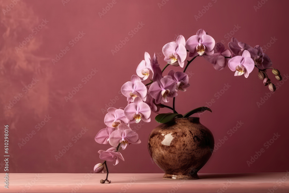 Poster orchid flowers in vase on dusty rose color background with empty space. generative ai