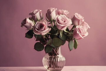 Flowers Roses In Vase On Pale Purple Color Background. Generative AI