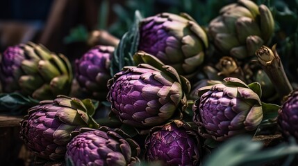 Fototapeta premium artichokes piled together at a local farmer's market, showcasing their unique textures