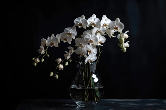 Orchid Flowers In Vase On Black Background. Generative AI