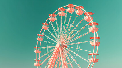 A pink ferris wheel against a turquoise sky, generative AI.