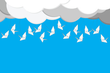 Illustration group of the origami bird flying with cloud on blue background.