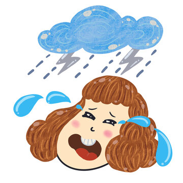 Crying girl, illustration hand drawn on white transparent backgound.