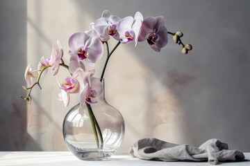 Orchid Flowers In Vase On Pale Gray Color Background. Generative AI