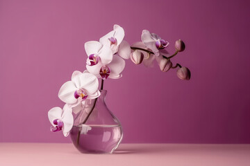 Orchid Flowers In Vase On Pale Purple Color Background. Generative AI