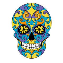 Day of The Dead Skull with floral ornament. Mexican sugar skull. Illustration on transparent background