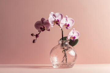 Orchid Flowers In Vase On Pastel Pink Color Background. Generative AI