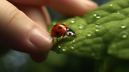 A red ladybug with black spots perched on a leaf while being observed by a person, generative ai