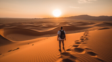 Fototapeta na wymiar A young traveler enjoying a sunset over desert dunes in an exotic destination, generative ai