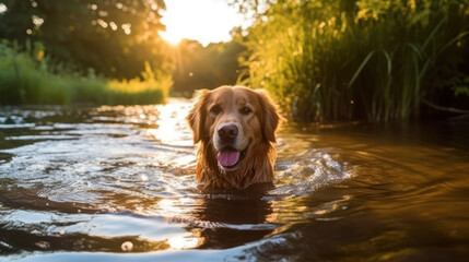 Golden Retriever enjoying a river bath, generative ai