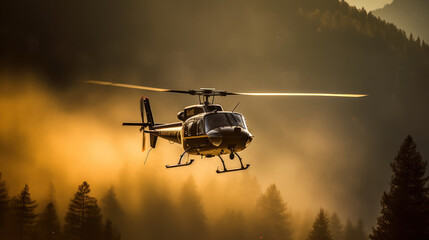 Naklejka na ściany i meble A helicopter flying low over a forest, isolated from the background by smoke, generative ai