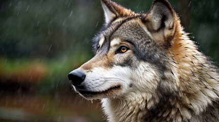 Obraz premium Portrait of a wolf seen in profile on a rainy day, generative ai