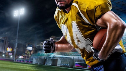 close up american football player in the action grand arena