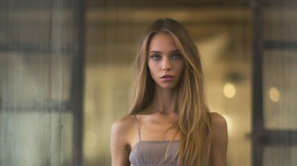 Beautiful young skinny woman on colorful background. AI generated.