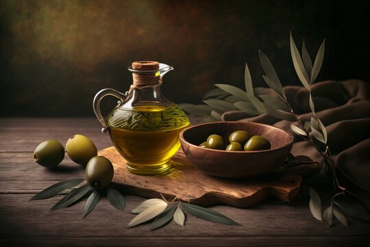 Olive oil in a carafe, still life concept with green olives, branch, leaves and oil in a glass bottle. Beautiful composition, wooden cutting board and table with brown wood texture. Generative Ai.