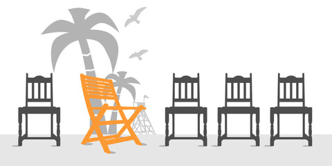Wooden chairs row and outstanding beach chaise. Standing out from the crowd. Burnout psychology concept