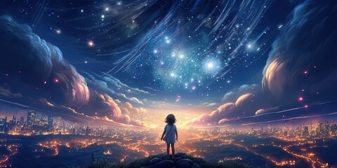 Obraz premium fantasy illustration, a girl at cliff with starry sky over city lights as background, child dream and hope concept, Generative Ai
