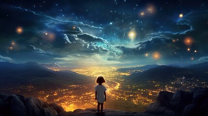 Fototapeta premium fantasy illustration, a girl at cliff with starry sky over city lights as background, child dream and hope concept, Generative Ai