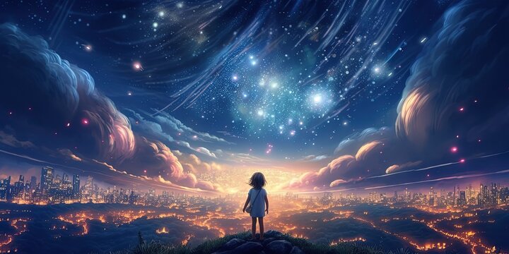 fantasy illustration, a girl at cliff with starry sky over city lights as background, child dream and hope concept, Generative Ai