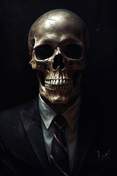 A skeleton dressed in a business suit on a dark background. Vertical Generative AI illustration.