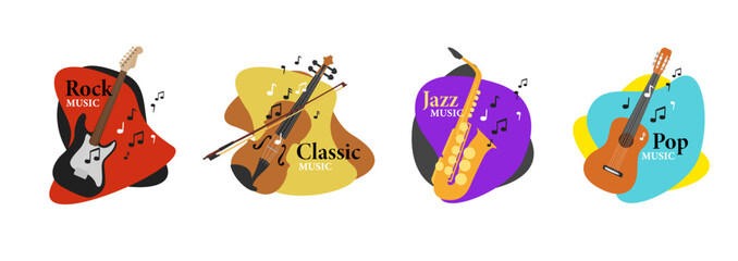 Set of musical instruments on a spotted background with notes. Electric guitar, violin, saxophone, guitar. Design elements of music styles, rock, pop, classical, jazz. Vector color illustration