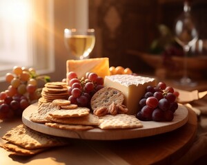 Obraz na płótnie Canvas Fontina cheese appetizer plate with crackers, grapes, and fine wine