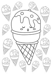 Cute Ice Cream Cone Stick Cup Scoop Dessert Doodle Cartoon Coloring Pages for Kids and Adult